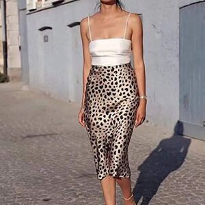 New Leopard Midi Skirt Waistband Silk Satin Skirts